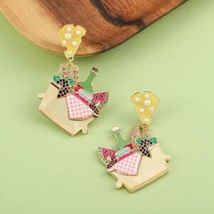 Picnic Basket Earrings Enamel Wine Watermelon Grapes Cheese Dangles